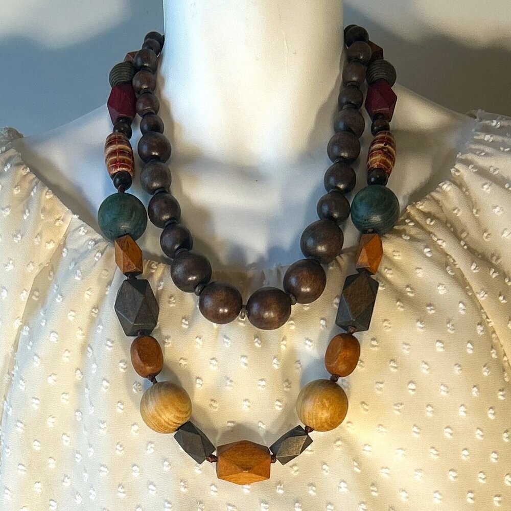 2 Pcs. Chunky Wood Bead Necklaces Vintage Boho Western Handmade Cottage Prairie